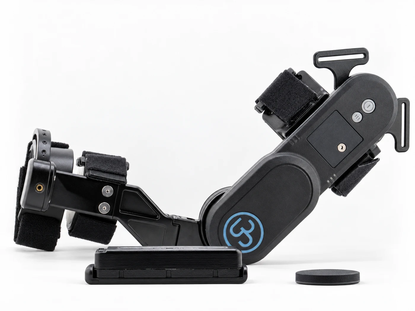 UbiliFlex powered arm brace with battery and surface-EMG sensor; retouched marketing photograph